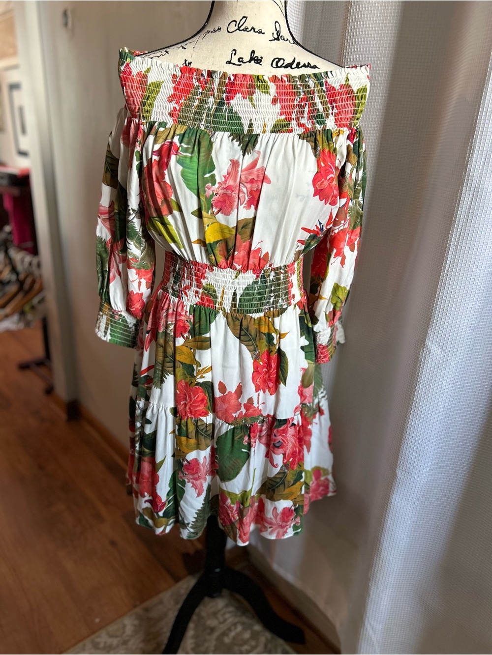 Gianni Bini Off Shoulder Dress with Pink & Green Floral Accents, EUC, Medium